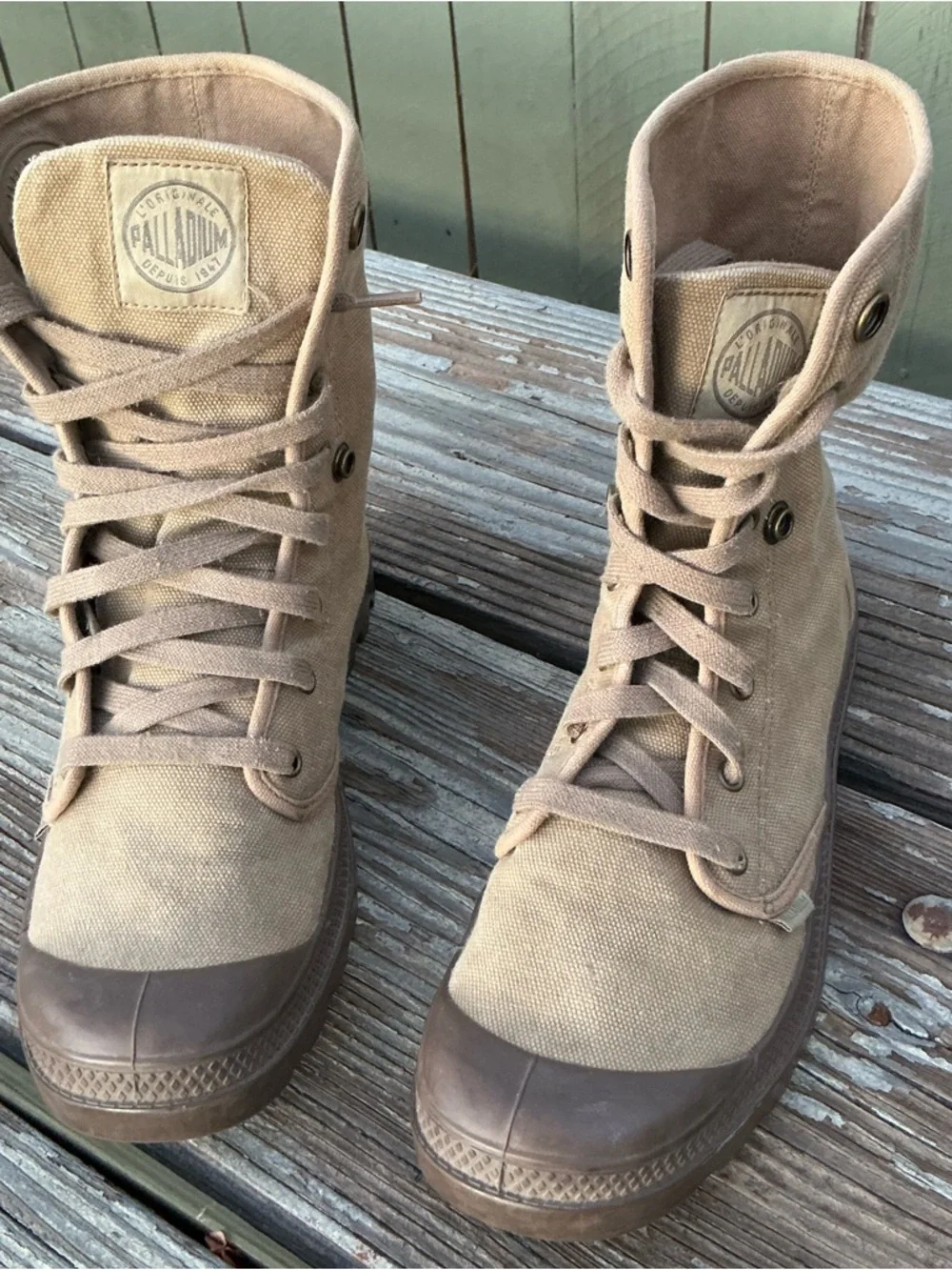 Palladium Men's Tan Canvas High-Top Boots with Brown Sole